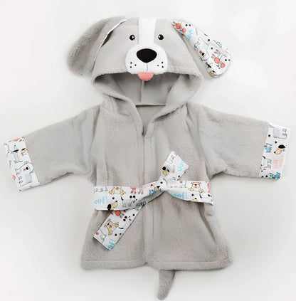 Cotton baby bathrobe with animal hood showing panda design, belt fastening, and absorbent fabric