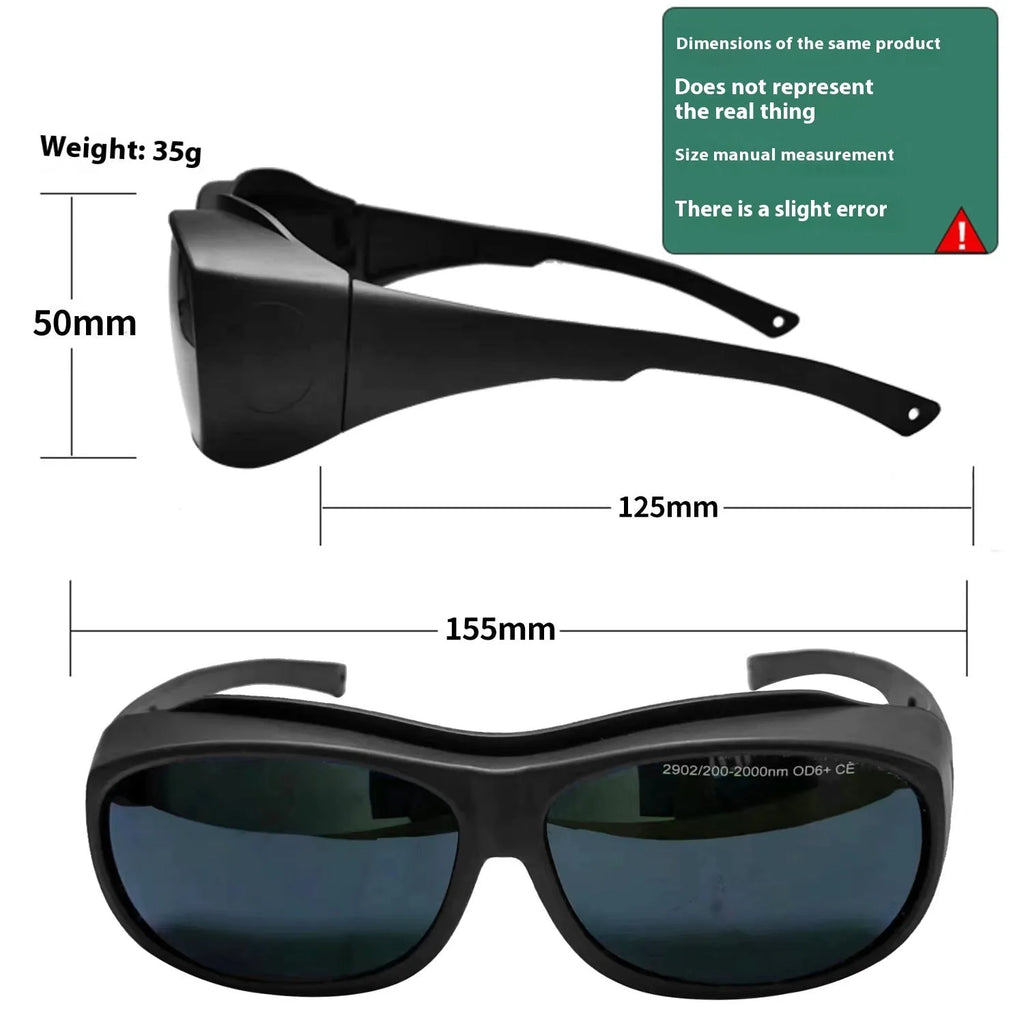 PC laser protection goggles for 200-2000nm optical radiation, includes cleaning cloth.