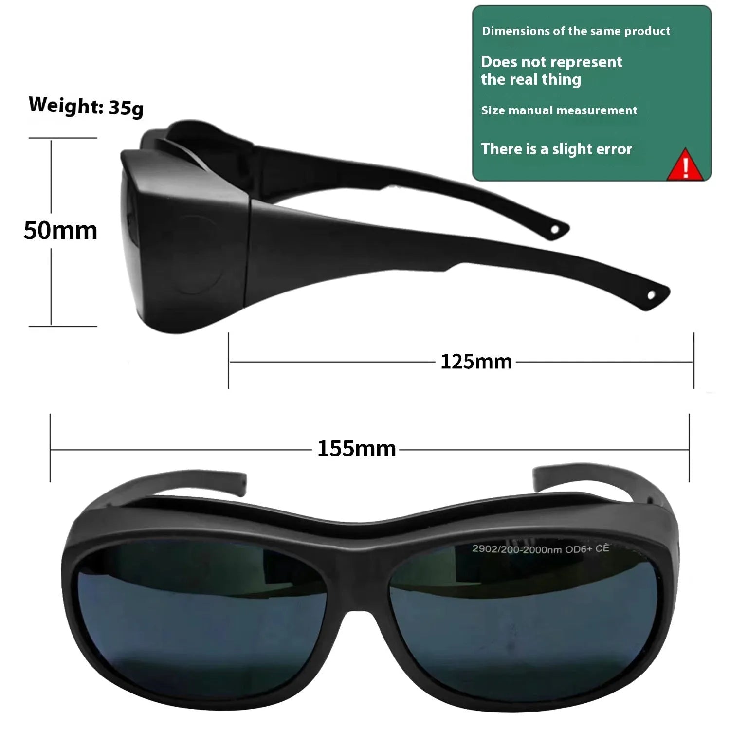 PC laser protection goggles for 200-2000nm optical radiation, includes cleaning cloth.