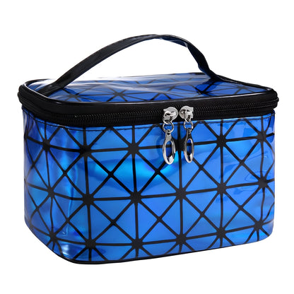 3D laser engraved cosmetic bag in blue, 19cm x 12cm x 13cm, with structured compartments for makeup storage