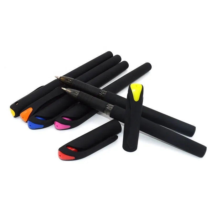 Pack of 10 assorted colour plastic gel pens with black refills, 14cm long.