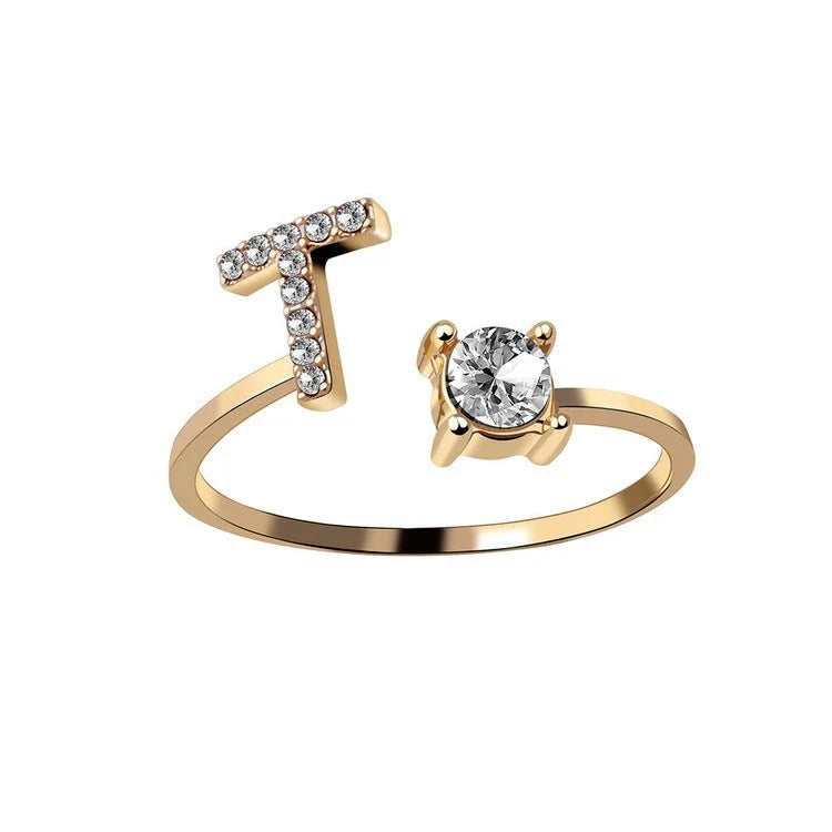 Elegant 26-letter adjustable initial ring in gold, silver, and rose gold finishes