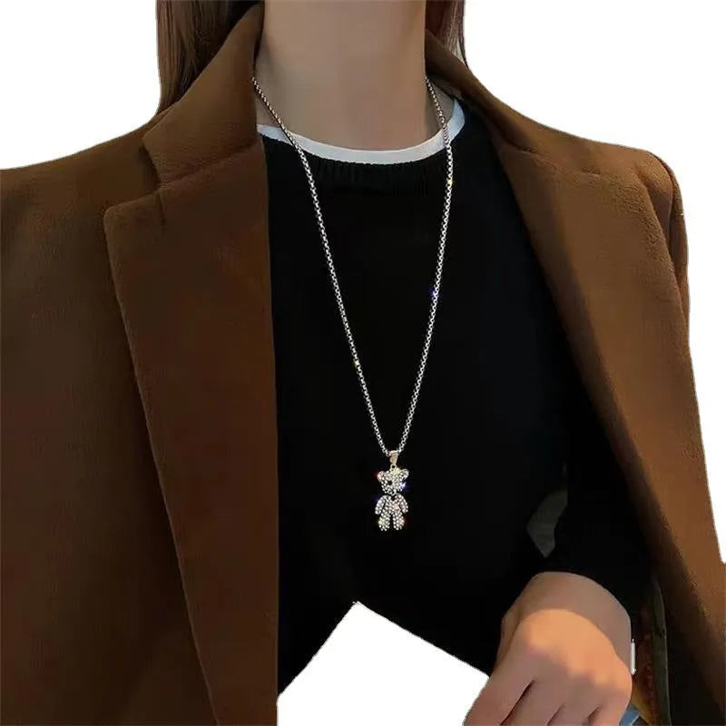 Women's double-layer necklace with geometric rhinestone pendant on alloy chain