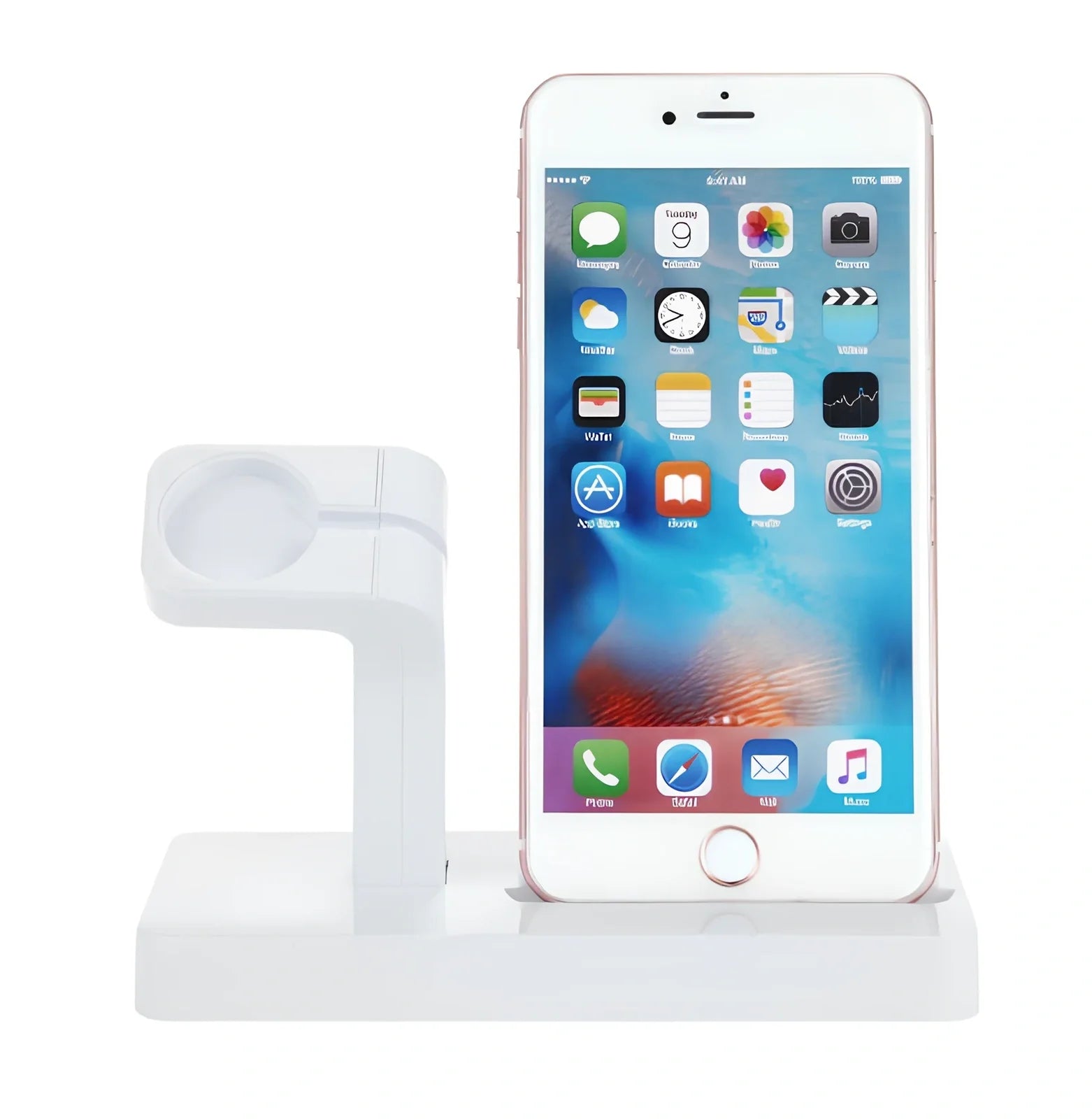 White 2-in-1 charging dock holding iPhone and Apple Watch, 150x78x106mm ABS stand with non-slip pads