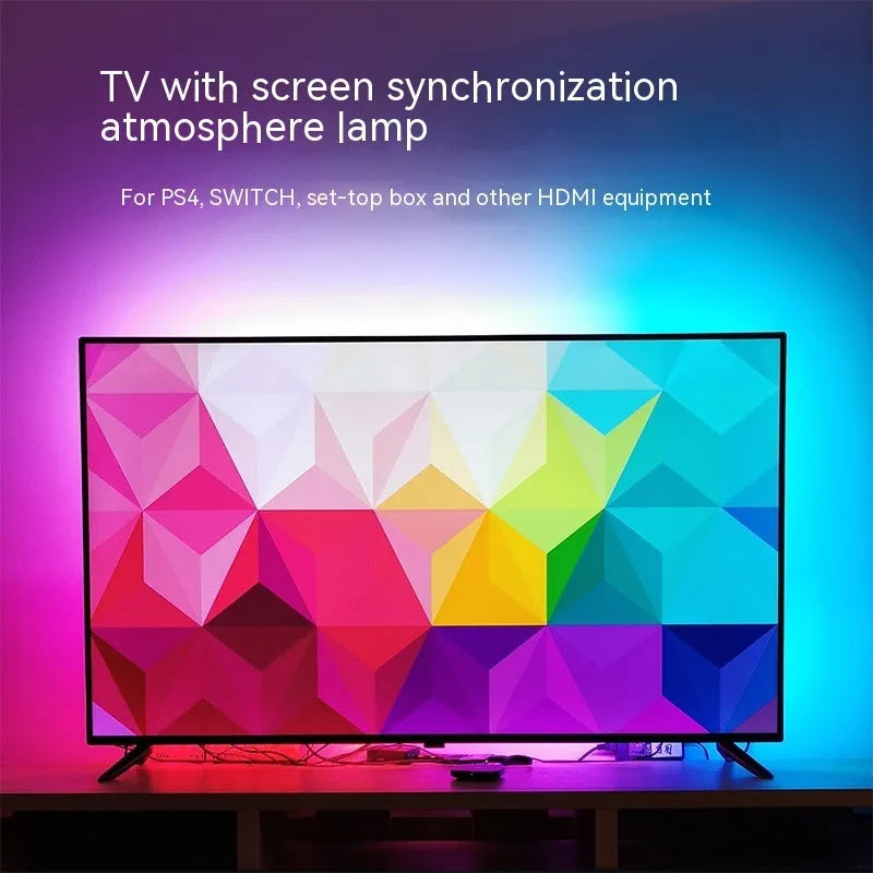 TV ambience light strip kit with app control for 32 to 150 inch televisions on a grey background.