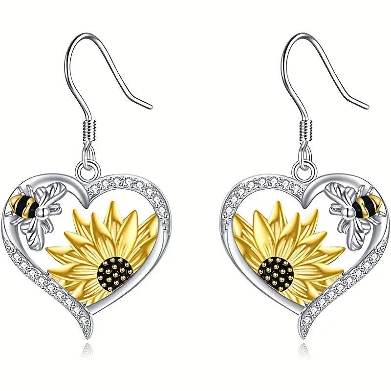 Silver alloy fashion earrings with bee and sunflower heart designs