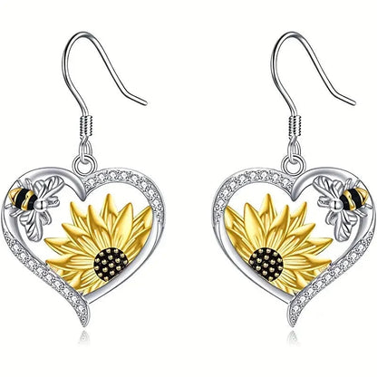 Silver alloy fashion earrings with bee and sunflower heart designs