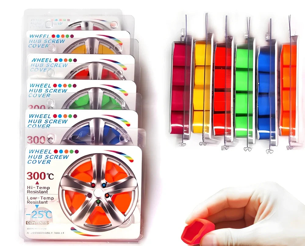 Green silica gel hub screw caps fitting 19mm car wheel bolts, 6.5 x 4 x 1.5 cm size, 20 sets for rust protection