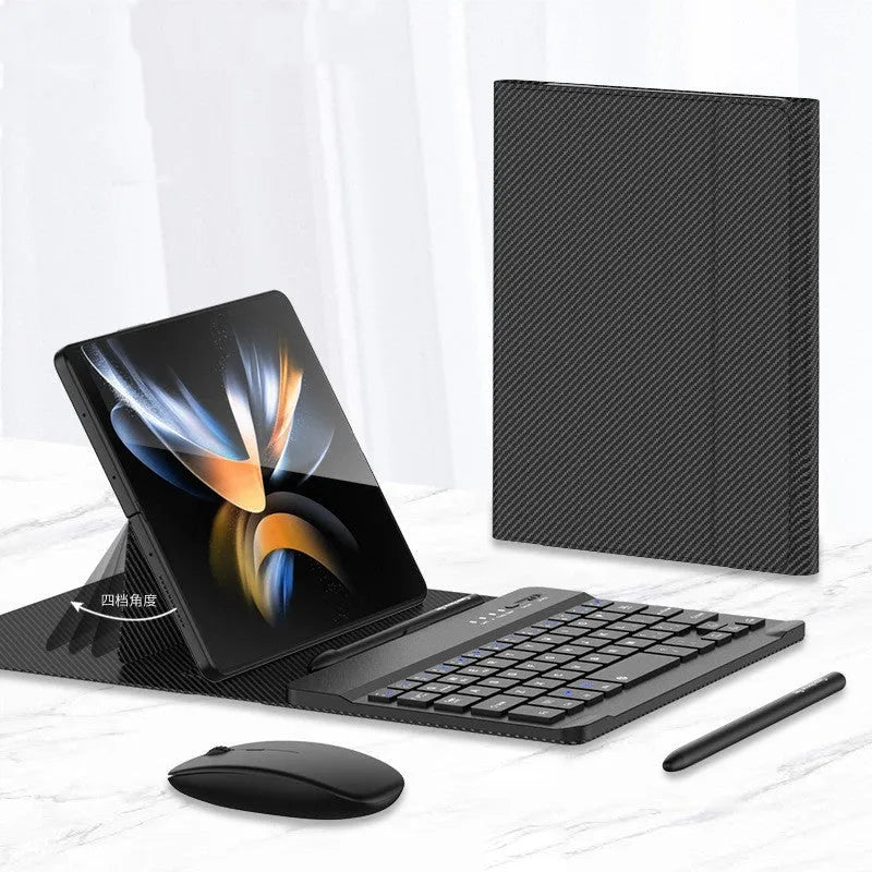 Folding PU leather keyboard case with Bluetooth keyboard, mouse, and stylus for Samsung Fold in black