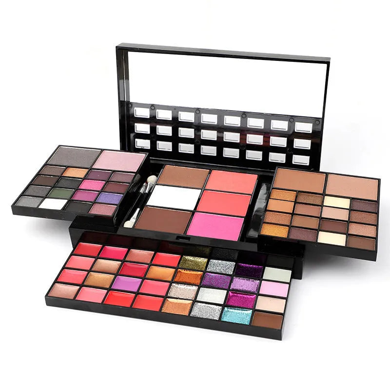 74 colour makeup palette with four layers, a mirror, and included brushes for eyeshadow, lip, and contour.