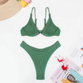 Women's green bikini suit with ruffle split detail on quick-drying polyester fabric