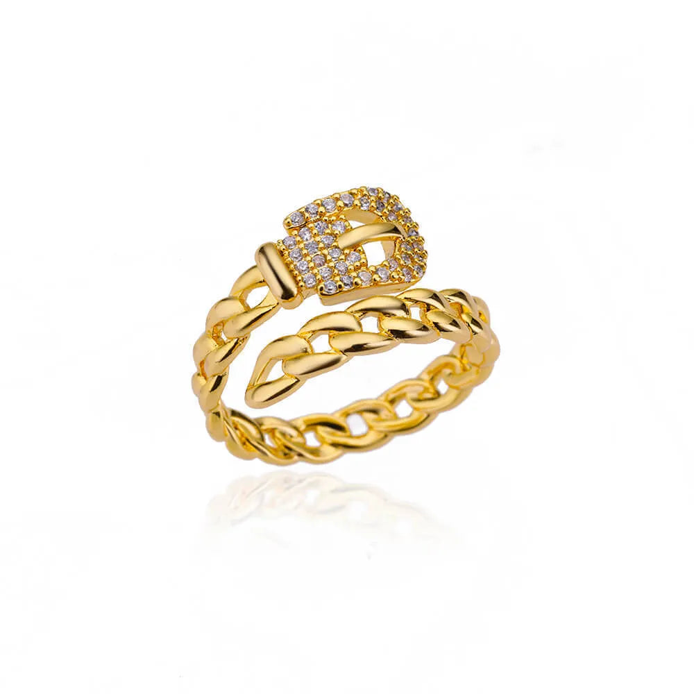 Copper belt open ring with micro-set zirconia stones, gold electroplated finish