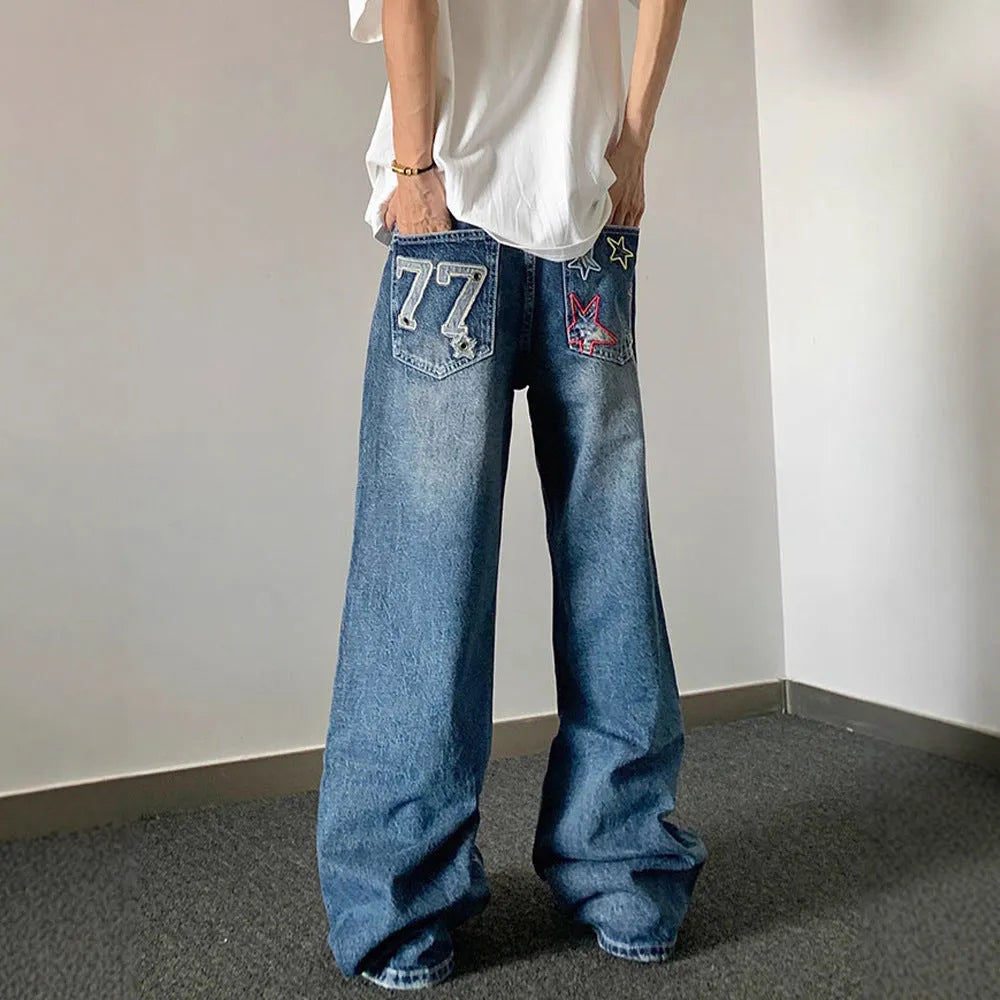 Blue embroidered high-waisted retro loose trousers for teenagers with zip placket cotton blend
