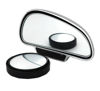 Black adjustable car blind spot mirror with 360-degree lens and 3M adhesive on rearview mount