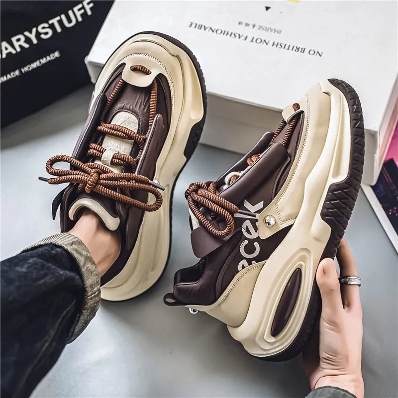 Men's casual sports waterproof dad shoes in solid colour with platform rubber sole and leather stitching