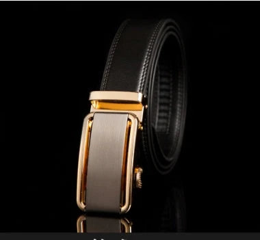 Men's automatic buckle leather belt with gold buckle head, 3.55cm width