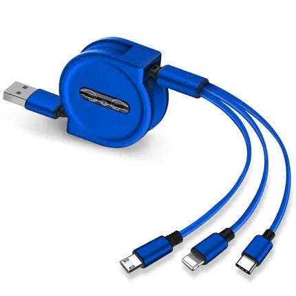Black telescopic charging cable extended to full length showing three different connector types