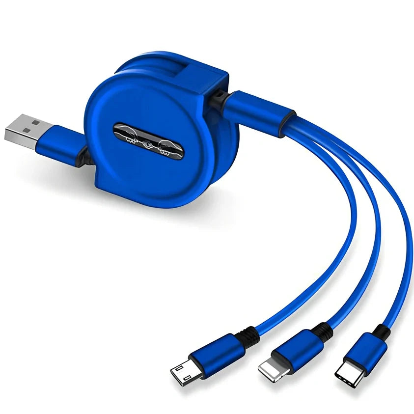 Black 3-in-1 telescopic charging cable extended to 120cm with three titanium alloy connectors for multi-device use