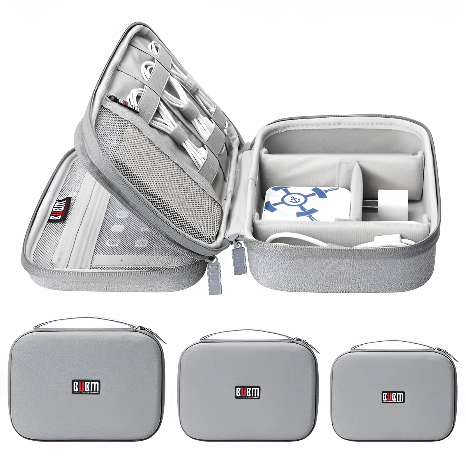 Black EVA digital storage bag shaped like a handbag for organising headphones and cables.