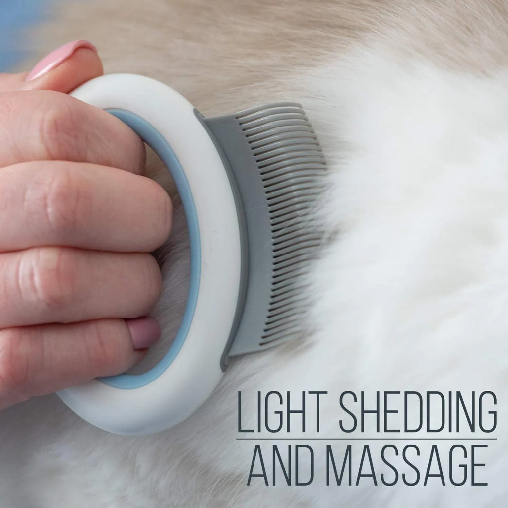 Blue pet grooming comb with ergonomic handle for cats and dogs