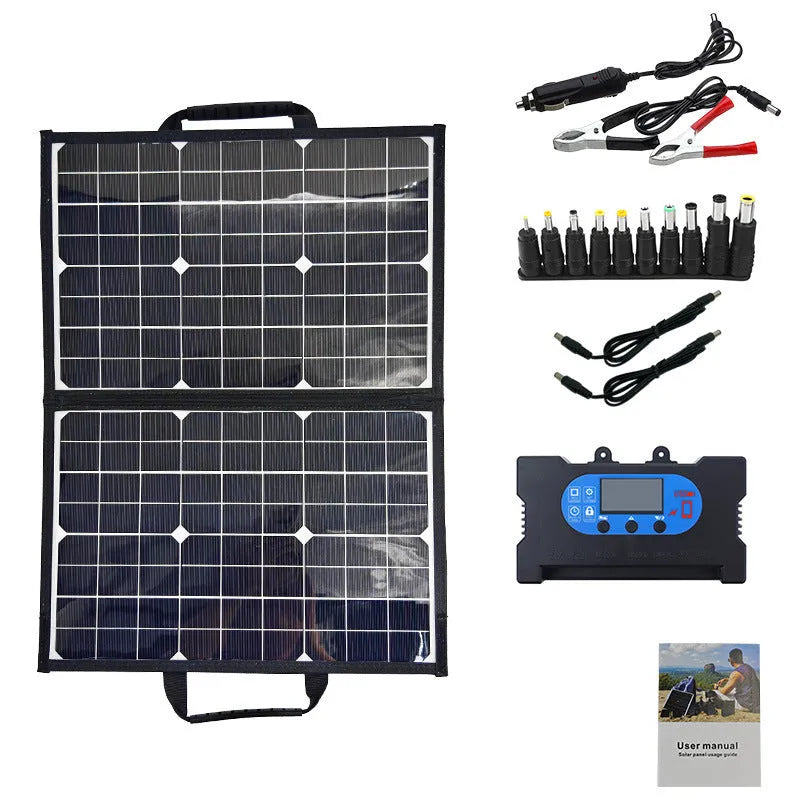 Black folding bag containing a 40W single crystal solar panel for portable outdoor charging.
