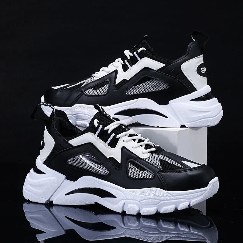 Men's white non-slip sneakers for walking and running, available in black, black red, and white blue