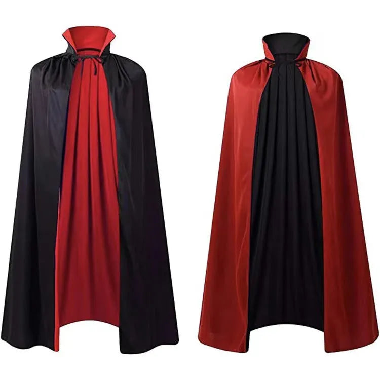 A black satin hooded cloak for children laid flat, showing its length and hood detail.