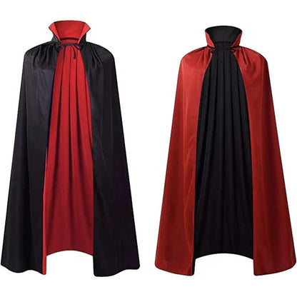 Premium hooded Halloween cape cloak made of luxurious satin fabric, available in black, gold, and purple colors, and various sizes to fit children.