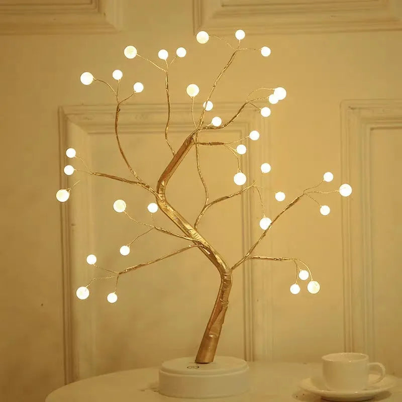 LED copper wire bedroom light with warm glow, silver tree body, and copper wire detail