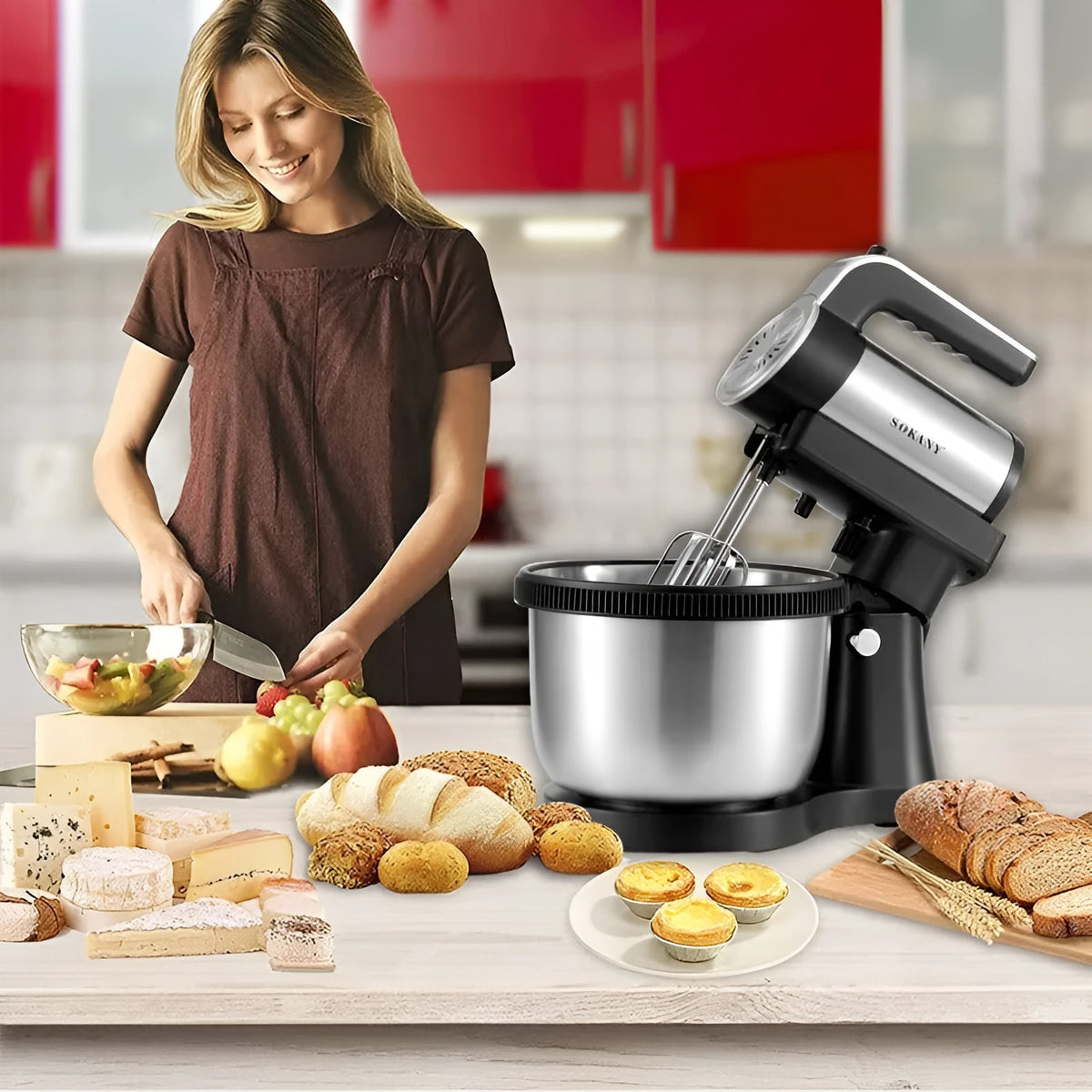 Black household electric flour-mixing machine with 1000W power and compact 28x22x35cm size