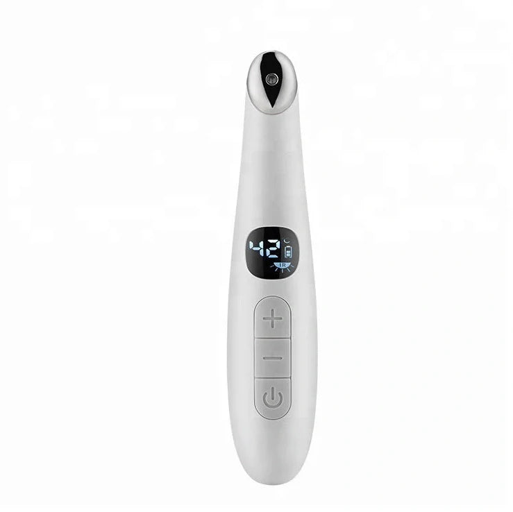 White electronic eye massager with adjustable temperature settings and vibration therapy for eye strain relief