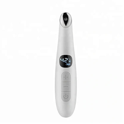 White electronic eye massager with adjustable temperature settings and vibration therapy for eye strain relief