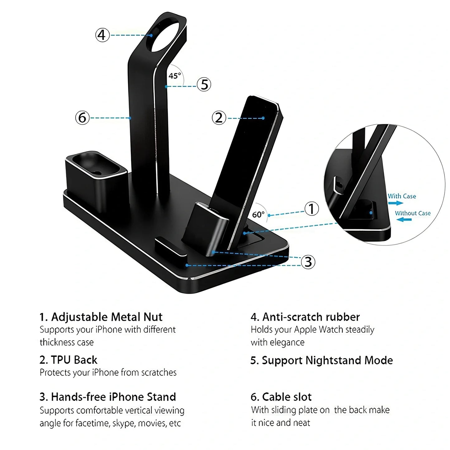 4-in-1 AirPods charging dock with wireless charging pad, Apple Watch charger, and USB port