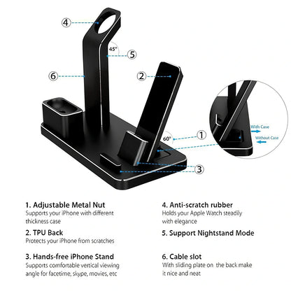 4-in-1 AirPods charging dock with wireless charging pad, Apple Watch charger, and USB port