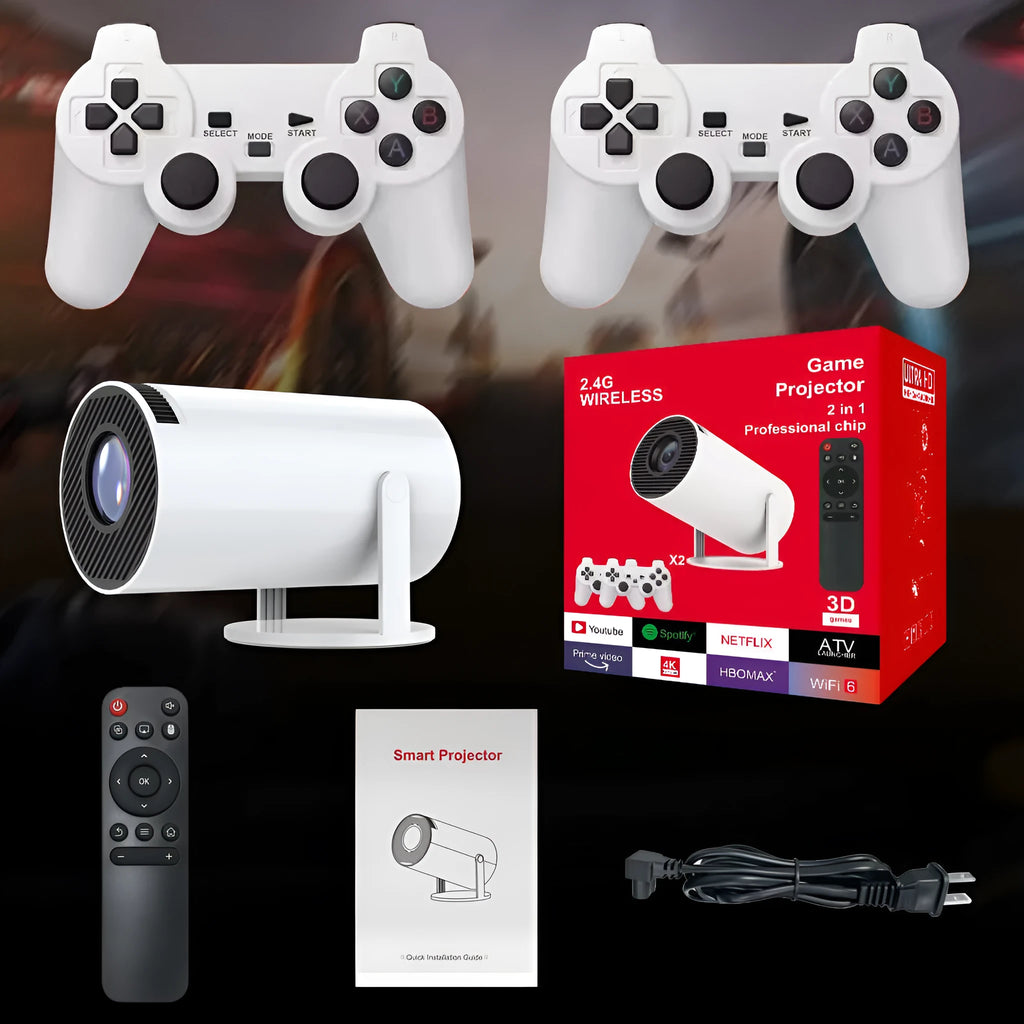 M300MAX portable home game projection machine with wireless controllers on a red packaging box.