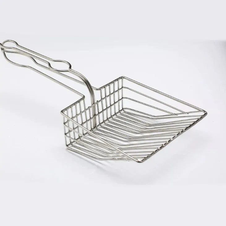 Large metal instantaneous filter cat litter shovel with plated finish and PVC handle for pet waste removal