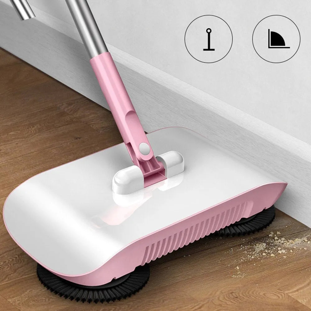 Pink hand push sweeper 3-in-1 with rotating brush on tiled floor