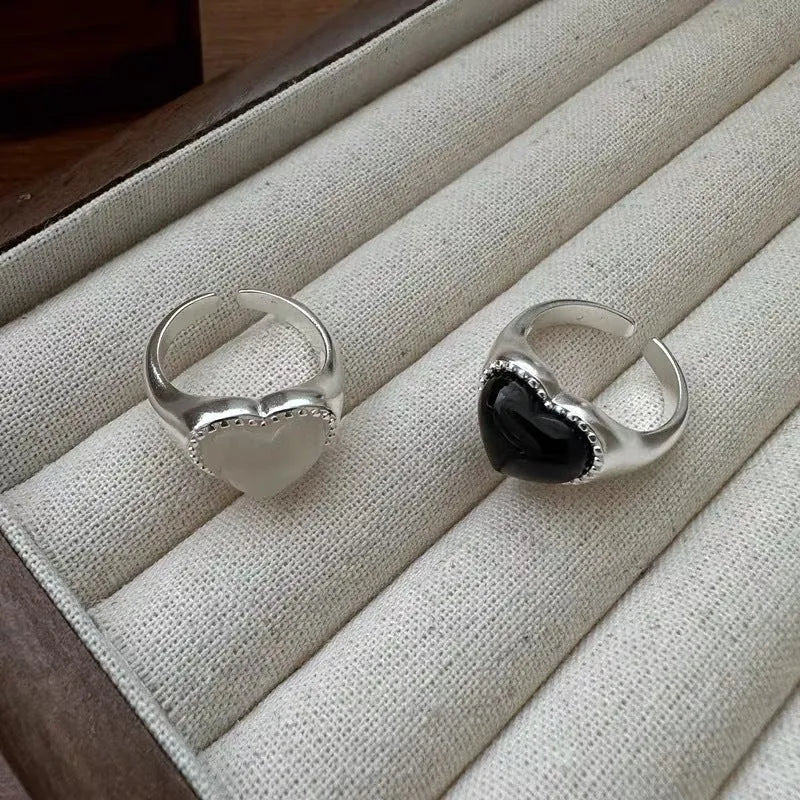 S925 sterling silver open mouth ring with black heart agate stone and adjustable design