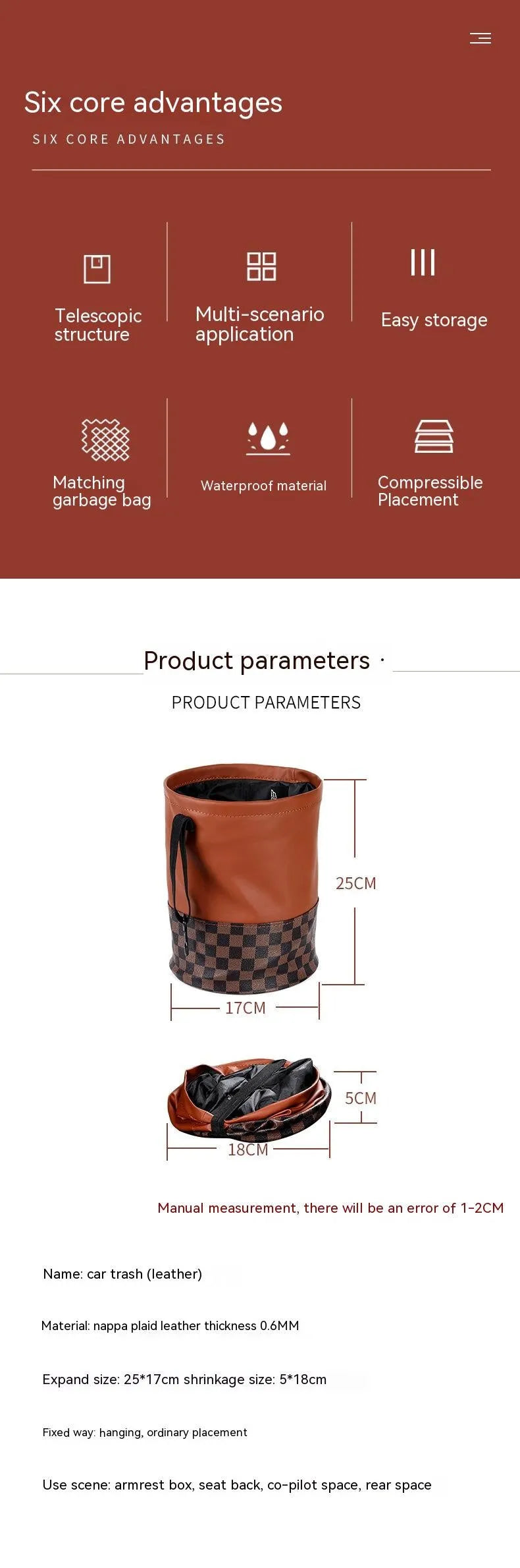 Black retractable leather car rubbish bin with carry handle, shown in folded and expanded states.
