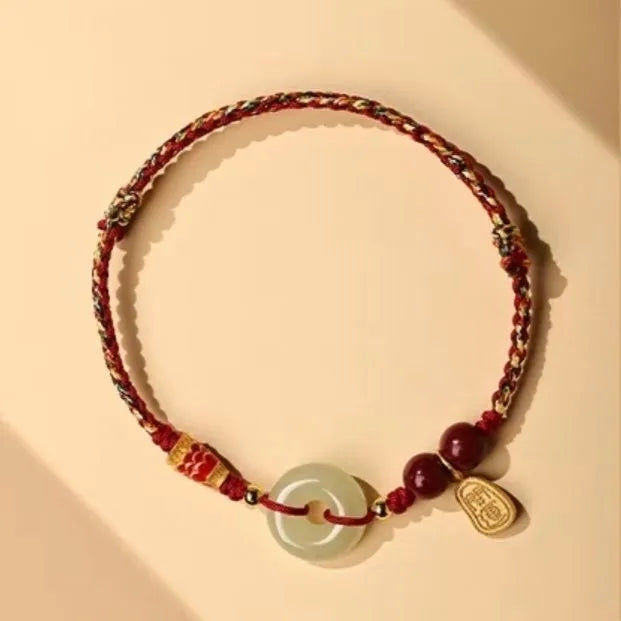 Hetian jade peace buckle bracelet on braided rope in colourful, red, or black options
