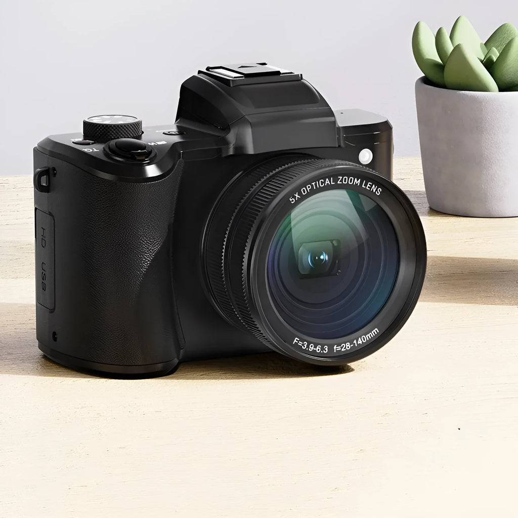 Black 16MP mirrorless camera with periscope lens and retractable zoom on a dark background