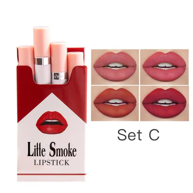 Matte mist lipstick set with four colours in semi suede texture, 10mm×80mm sticks