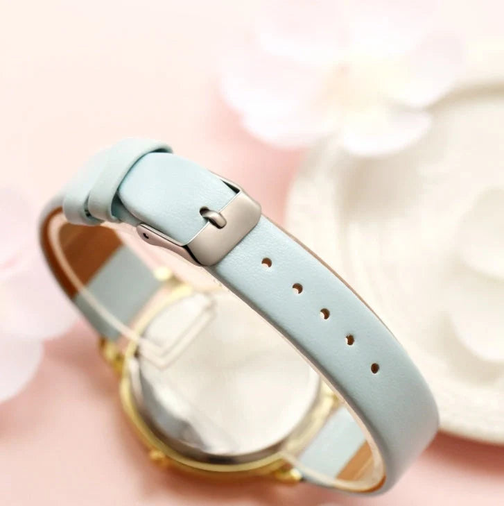 Rose gold women's watch with leather strap and love heart design