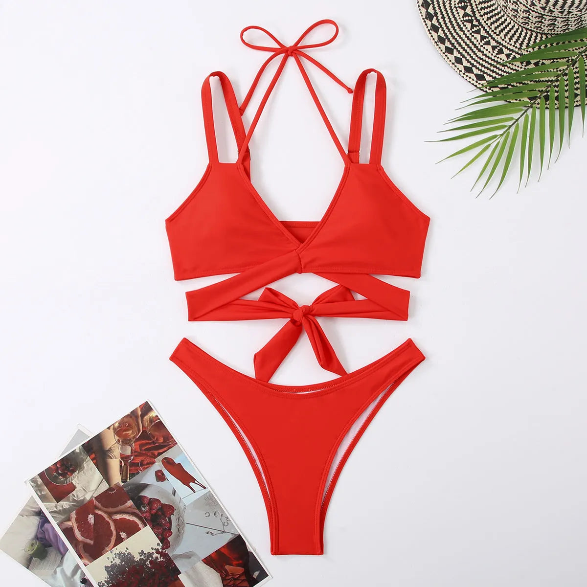 Strapless solid colour women's bikini swimsuit in briefs style, shown in red.
