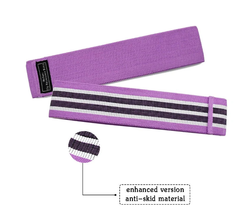 Latex mesh squat resistance band in lake blue, pink, and purple for hip and leg strengthening