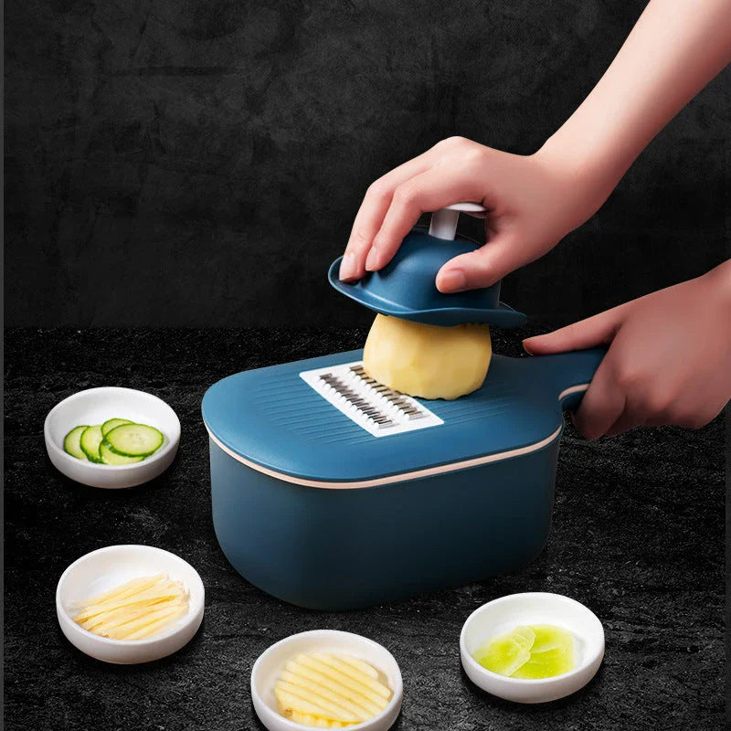 Multi-functional vegetable cutter with four blade designs for efficient kitchen tasks