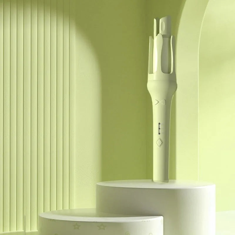 Automatic hair curler with white ceramic barrel on a stand, showing colour options.