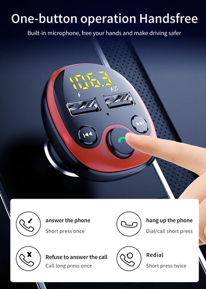 Black car MP3 player with orange LED screen, dual USB ports, 51x45x86mm size for FM transmission and Bluetooth audio