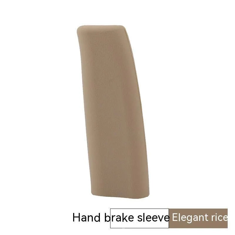 Universal silicone car handbrake sleeve shown in black, grey, beige, red, and blue colours.