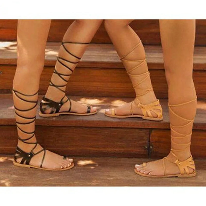 Women's lace-up flat sandals with wedge heel, buckle fastening, artificial PU vamp, fish mouth toe, black colour